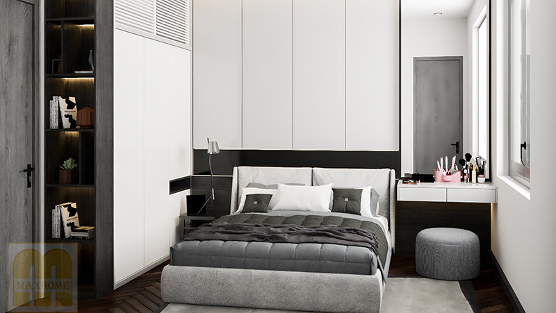 A bed with white cabinets

Description automatically generated